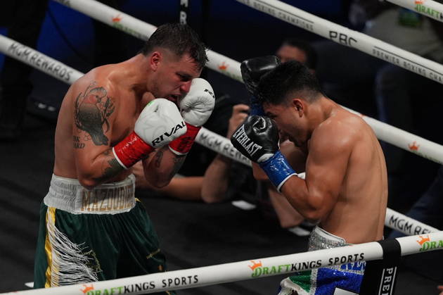 BOXING: Armando Resendiz vs Koen Mazoudier in Las Vegas LAS VEGAS, NEVADA - OCTOBER 17: Armando Resendiz (in blue short) and Koen Mazoudier (in green short) exchange punches during their super middleweight fight on Saturday night at the Chelsea of The Cosmopolitan in Las Vegas, Nevada, United States on October 17, 2026. Tayfun Coskun Anadolu Nevada United States. Editorial use only. Please get in touch for any other usage.  Copyright: x2026xAnadoluxTayfunxCoskunx
