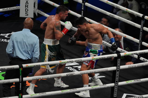 BOXING: Armando Resendiz vs Koen Mazoudier in Las Vegas LAS VEGAS, NEVADA - OCTOBER 17: Armando Resendiz (in blue short) and Koen Mazoudier (in green short) exchange punches during their super middleweight fight on Saturday night at the Chelsea of The Cosmopolitan in Las Vegas, Nevada, United States on October 17, 2026. Tayfun Coskun Anadolu Nevada United States. Editorial use only. Please get in touch for any other usage.  Copyright: x2026xAnadoluxTayfunxCoskunx