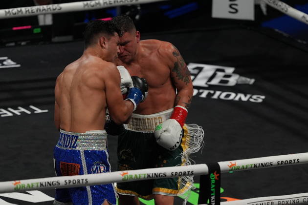 BOXING: Armando Resendiz vs Koen Mazoudier in Las Vegas LAS VEGAS, NEVADA - OCTOBER 17: Armando Resendiz (in blue short) and Koen Mazoudier (in green short) exchange punches during their super middleweight fight on Saturday night at the Chelsea of The Cosmopolitan in Las Vegas, Nevada, United States on October 17, 2026. Tayfun Coskun Anadolu Nevada United States. Editorial use only. Please get in touch for any other usage.  Copyright: x2026xAnadoluxTayfunxCoskunx