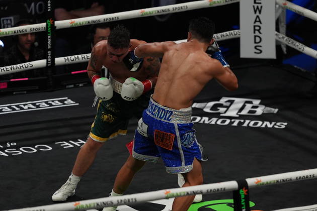 BOXING: Armando Resendiz vs Koen Mazoudier in Las Vegas LAS VEGAS, NEVADA - OCTOBER 17: Armando Resendiz (in blue short) and Koen Mazoudier (in green short) exchange punches during their super middleweight fight on Saturday night at the Chelsea of The Cosmopolitan in Las Vegas, Nevada, United States on October 17, 2026. Tayfun Coskun Anadolu Nevada United States. Editorial use only. Please get in touch for any other usage.  Copyright: x2026xAnadoluxTayfunxCoskunx