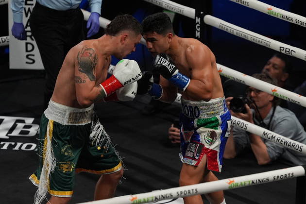 BOXING: Armando Resendiz vs Koen Mazoudier in Las Vegas LAS VEGAS, NEVADA - OCTOBER 17: Armando Resendiz (in blue short) and Koen Mazoudier (in green short) exchange punches during their super middleweight fight on Saturday night at the Chelsea of The Cosmopolitan in Las Vegas, Nevada, United States on October 17, 2026. Tayfun Coskun Anadolu Nevada United States. Editorial use only. Please get in touch for any other usage.  Copyright: x2026xAnadoluxTayfunxCoskunx