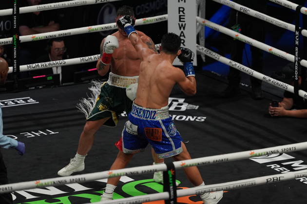 BOXING: Armando Resendiz vs Koen Mazoudier in Las Vegas LAS VEGAS, NEVADA - OCTOBER 17: Armando Resendiz (in blue short) and Koen Mazoudier (in green short) exchange punches during their super middleweight fight on Saturday night at the Chelsea of The Cosmopolitan in Las Vegas, Nevada, United States on October 17, 2026. Tayfun Coskun Anadolu Nevada United States. Editorial use only. Please get in touch for any other usage.  Copyright: x2026xAnadoluxTayfunxCoskunx