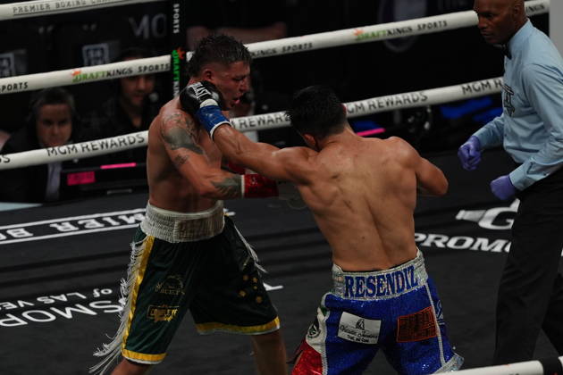 BOXING: Armando Resendiz vs Koen Mazoudier in Las Vegas LAS VEGAS, NEVADA - OCTOBER 17: Armando Resendiz (in blue short) and Koen Mazoudier (in green short) exchange punches during their super middleweight fight on Saturday night at the Chelsea of The Cosmopolitan in Las Vegas, Nevada, United States on October 17, 2026. Tayfun Coskun Anadolu Nevada United States. Editorial use only. Please get in touch for any other usage.  Copyright: x2026xAnadoluxTayfunxCoskunx