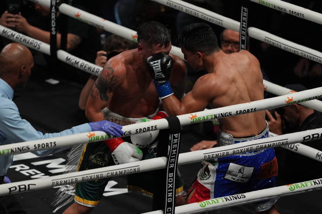 BOXING: Armando Resendiz vs Koen Mazoudier in Las Vegas LAS VEGAS, NEVADA - OCTOBER 17: Armando Resendiz (in blue short) and Koen Mazoudier (in green short) exchange punches during their super middleweight fight on Saturday night at the Chelsea of The Cosmopolitan in Las Vegas, Nevada, United States on October 17, 2026. Tayfun Coskun Anadolu Nevada United States. Editorial use only. Please get in touch for any other usage.  Copyright: x2026xAnadoluxTayfunxCoskunx