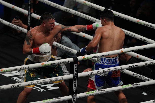 BOXING: Armando Resendiz vs Koen Mazoudier in Las Vegas LAS VEGAS, NEVADA - OCTOBER 17: Armando Resendiz (in blue short) and Koen Mazoudier (in green short) exchange punches during their super middleweight fight on Saturday night at the Chelsea of The Cosmopolitan in Las Vegas, Nevada, United States on October 17, 2026. Tayfun Coskun Anadolu Nevada United States. Editorial use only. Please get in touch for any other usage.  Copyright: x2026xAnadoluxTayfunxCoskunx