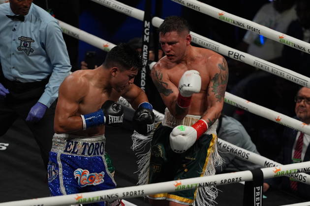 BOXING: Armando Resendiz vs Koen Mazoudier in Las Vegas LAS VEGAS, NEVADA - OCTOBER 17: Armando Resendiz (in blue short) and Koen Mazoudier (in green short) exchange punches during their super middleweight fight on Saturday night at the Chelsea of The Cosmopolitan in Las Vegas, Nevada, United States on October 17, 2026. Tayfun Coskun Anadolu Nevada United States. Editorial use only. Please get in touch for any other usage.  Copyright: x2026xAnadoluxTayfunxCoskunx
