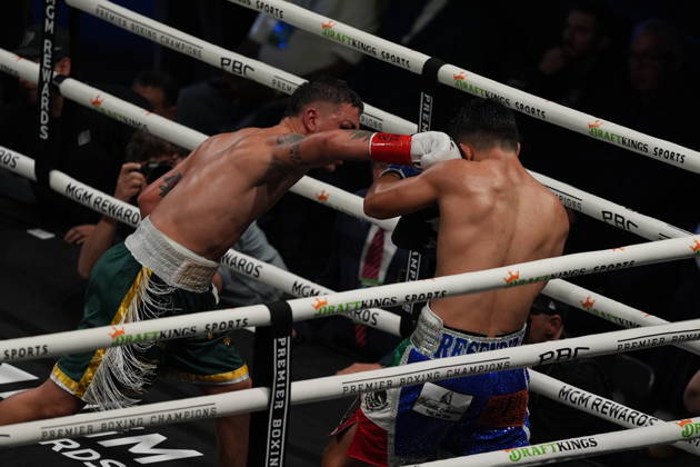 BOXING: Armando Resendiz vs Koen Mazoudier in Las Vegas LAS VEGAS, NEVADA - OCTOBER 17: Armando Resendiz (in blue short) and Koen Mazoudier (in green short) exchange punches during their super middleweight fight on Saturday night at the Chelsea of The Cosmopolitan in Las Vegas, Nevada, United States on October 17, 2026. Tayfun Coskun Anadolu Nevada United States. Editorial use only. Please get in touch for any other usage.  Copyright: x2026xAnadoluxTayfunxCoskunx