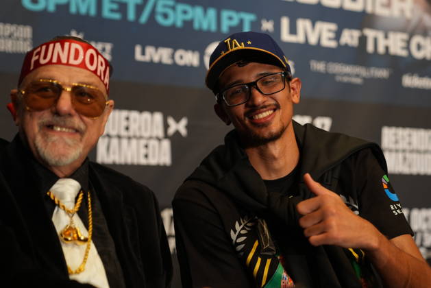 BOXING: Sebastian Fundora vs Ermal Hadribeaj in Las Vegas LAS VEGAS, NEVADA, UNITED STATES - OCTOBER 17: Sebastian Fundora (R) poses with his father and trainer Freddy Fundora during a post-fight press conference, PK, Pressekonferenz following his WBC super welterweight world title bout against Ermal Hadribeaj (not seen) at The Chelsea at The Cosmopolitan in Las Vegas, Nevada, United States, on October 17, 2026. Tayfun Coskun Anadolu Nevada United States. Editorial use only. Please get in touch for any other usage.  Copyright: x2026xAnadoluxTayfunxCoskunx