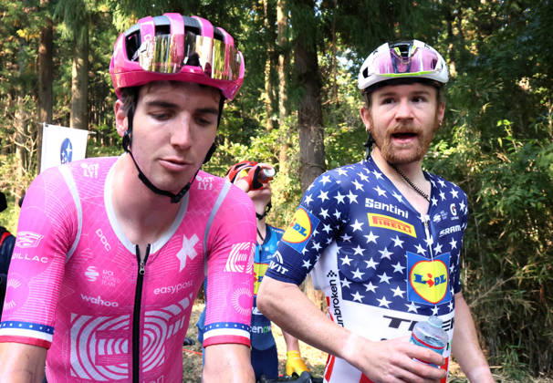 October 18, 2026, Utsunomiya, Japan - American cyclist Quinn Simmons (R) of Lidl-Trek is celebrated from his younger brother Sean Simmons (L) of EF Education - Eastpost after the Utsunomiya Japan Cup Cycle Road Race in Utsunomiya, 100km north of Tokyo on Sunday, October 18, 2026. Quinn Simmons won the 144km race and Sean finished the 16th. (photo by Yoshio Tsunoda AFLO) Noxthirdxpartyxsales  0869825641st YoshioxTsunodax
