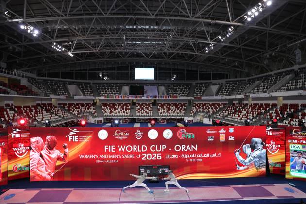 FIE Fencing World Cup in Algeria ORAN, ALGERIA - OCTOBER 18: A general view of hall as French fencer Toscane Tori (R) competes against Bulgaria s Yoana Ilieva (L) during the women s individual sabre final at the Fencing World Cup at the Miloud Hadefi Olympic Complex in Oran, Algeria, on October 18, 2026. Tori defeats Ilieva 15-12 to claim her first career World Cup title. Farouk Batiche Anadolu Oran Algeria. Editorial use only. Please get in touch for any other usage.  Copyright: x2026xAnadoluxFaroukxBatichex