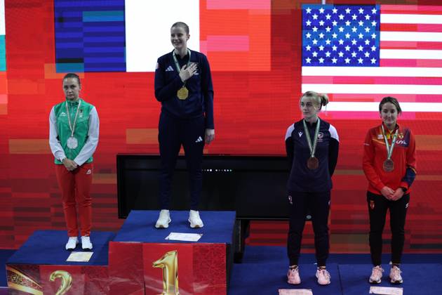 FIE Fencing World Cup in Algeria ORAN, ALGERIA - OCTOBER 18: French fencer Toscane Tori (2nd L) receives her gold medal during the award ceremony at the FIE Fencing World Cup at the Miloud Hadefi Olympic Complex in Oran, Algeria, on October 18, 2026. Tori defeats Bulgaria s Yoana Ilieva 15-12 in the women s individual sabre final to claim her first career World Cup title. Farouk Batiche Anadolu Oran Algeria. Editorial use only. Please get in touch for any other usage.  Copyright: x2026xAnadoluxFaroukxBatichex