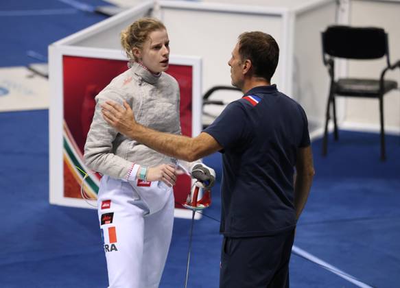 FIE Fencing World Cup in Algeria ORAN, ALGERIA - OCTOBER 18: French fencer Toscane Tori (L) speaks with a member of the French coaching staff following the women s individual sabre final at the FIE Fencing World Cup at the Miloud Hadefi Olympic Complex in Oran, Algeria, on October 18, 2026. Tori defeats Bulgaria s Yoana Ilieva 15-12 to claim her first career World Cup title. Farouk Batiche Anadolu Oran Algeria. Editorial use only. Please get in touch for any other usage.  Copyright: x2026xAnadoluxFaroukxBatichex