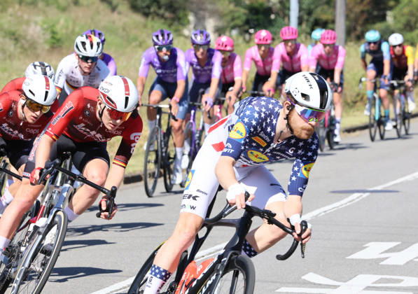 October 18, 2026, Utsunomiya, Japan - American cyclist Quinn Simmons (R) of Lidl-Trek leads a pack of cyclists at the Utsunomiya Japan Cup Cycle Road Race in Utsunomiya, 100km north of Tokyo on Sunday, October 18, 2026. Quin Simmons won the 144km race. (photo by Yoshio Tsunoda AFLO) Noxthirdxpartyxsales  0869839628st YoshioxTsunodax