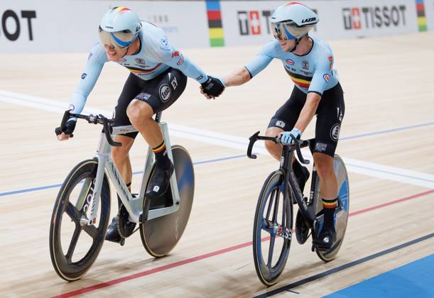 Belgian Lindsay De Vylder and Belgian Fabio Van den Bossche pictured in action during the Madison event at the UCI Track cycling, Rad, Radsport, Bahnrad, Bahn World Championships in Shanghai, China on Sunday 18 October 2026. The worlds are taking place from 14 to 18 October 2026. BENOITxDOPPAGNE  x190184409x