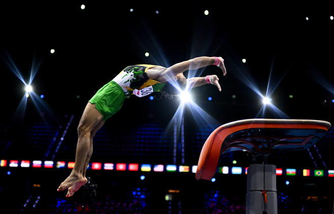 Netherlands Artistic Gymnastics World Championships Qualifiers 9267111 18.10.2026 Jamaica s Elel Wahrmann-Baker competes on the vault during the men s qualification of the 2026 World Artistic Gymnastics Championships in Rotterdam, the Netherlands. Alexey Filippov Sputnik Rotterdam Netherlands  Copyright: xAlexeyxFilippovx