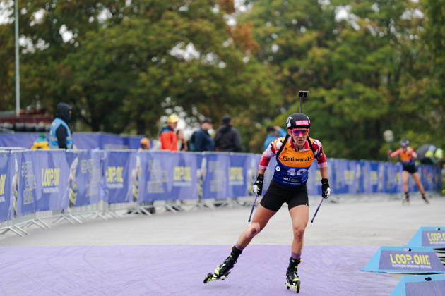 18.10.2026, GER, Biathlon, Frauen, IBU Biathlon Loop One Festival 2026, Saison 2026 2027, Super Sprint Qualifikation Damen Heat 1-4 Dunja Zdouc ( AUT, 40 ) in der Kurve München Olympiapark Bayern Deutschland Copyright: xNordphoto Vux