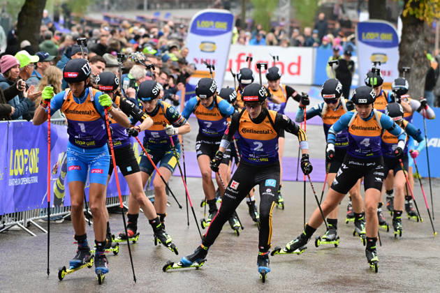 BIATHLON - Start Heat 1 bei der Qualifikation Super Sprint der Damen Herren während des Loop One Biathlon Opening Festival im Olypiapark München am 18.10.2026, Deutschland, Bayern München Hans-Jochen-Vogel-Platz Olypiapark Bayern Deutschland