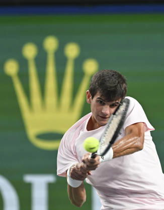 (261018) -- SHANGHAI, Oct. 18, 2026 -- Rafael Jodar of Spain hits a return during the men s singles final match against Alejandro Davidovich Fokina of Spain at the 2026 ATP, Tennis Herren tour Shanghai Masters tennis tournament in Shanghai, China, Oct. 18, 2026. ) (SP)CHINA-SHANGHAI-TENNIS-SHANGHAI MASTERS-MEN S SINGLES (CN) ChenxHaoming 