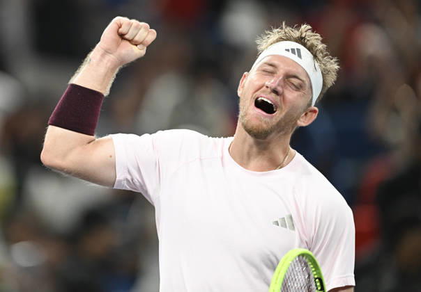 (261018) -- SHANGHAI, Oct. 18, 2026 -- Alejandro Davidovich Fokina of Spain celebrates after winning the men s singles final match against Rafael Jodar of Spain at the 2026 ATP, Tennis Herren tour Shanghai Masters tennis tournament in Shanghai, China, Oct. 18, 2026. ) (SP)CHINA-SHANGHAI-TENNIS-SHANGHAI MASTERS-MEN S SINGLES (CN) ChenxHaoming