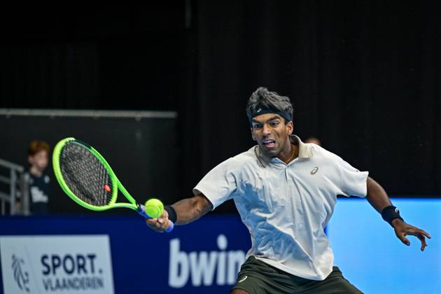 Nishesh Basavareddy of the United States pictured in action during the European Open ATP, Tennis Herren tennis tournament in Brussels, on Saturday 18 October. This year s edition of the tournament is taking place from 17 to 25 October DAVIDxPINTENS x190207972x