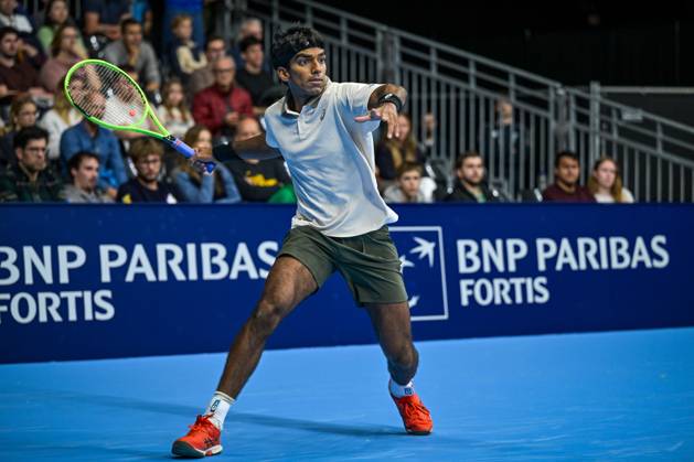 Nishesh Basavareddy of the United States pictured in action during the European Open ATP, Tennis Herren tennis tournament in Brussels, on Saturday 18 October. This year s edition of the tournament is taking place from 17 to 25 October DAVIDxPINTENS x190207993x