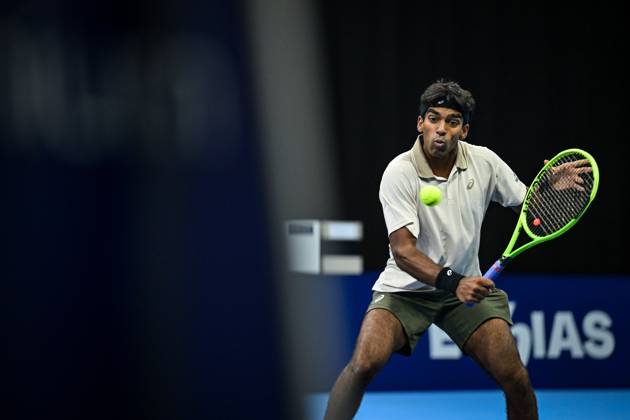 Nishesh Basavareddy of the United States pictured in action during the European Open ATP, Tennis Herren tennis tournament in Brussels, on Saturday 18 October. This year s edition of the tournament is taking place from 17 to 25 October DAVIDxPINTENS x190208176x
