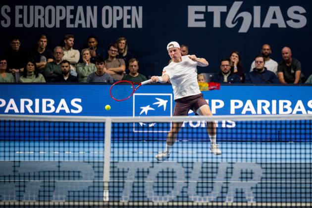 Gauthier Onclin of Belgium pictured in action during the European Open ATP, Tennis Herren tennis tournament in Brussels, on Sunday 18 October. This year s edition of the tournament is taking place from 17 to 25 October JASPERxJACOBS x190208839x