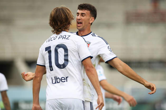 Nico Paz of Como 1907 celebrates with Jacobo Ramon of Como 1907 the goal of 0-2 scored during the serie A match between ACF Fiorentina and Como 1907 at Artemio Franchi Stadium in Firenze (Italy), October 18, 2026. massimilianoxcarnabuci