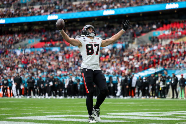 RECORD DATE NOT STATED 18th October 2026; Wembley Stadium, London, England; NFL, American Football Herren, USA American Football, Jacksonville Jaguars versus Houston Texans; Houston Texans tight end Foster Moreau celebrates scoring a touchdown HenningxVonxJagow