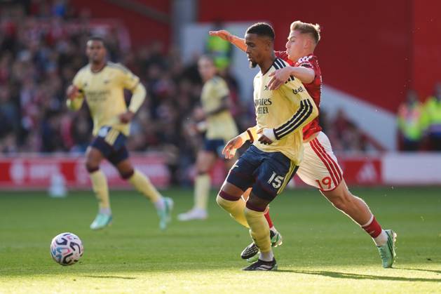 Ezri Konsa of Arsenal is fouled by Liam Delap of Nottingham Forest Nottingham Forest v Arsenal, Premier League, Football, The City Ground, Nottingham, UK - 18 Oct 2026Nottingham The City Ground United Kingdom EDITORIAL USE ONLY No use with unauthorised audio, video, data, fixture lists, club league logos or live services. Online in-match use limited to 120 images, no video emulation. No use in betting, games or single club league player publications.  Copyright: xWiredxPhotos Shutterstockx 17222726u