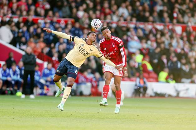 Gabriel of Arsenal and Dan Ndoye of Nottingham Forest Nottingham Forest v Arsenal, Premier League, Football, City Ground, Nottingham, UK - 18 Oct 2026Nottingham City Ground United Kingdom EDITORIAL USE ONLY No use with unauthorised audio, video, data, fixture lists, club league logos or live services. Online in-match use limited to 120 images, no video emulation. No use in betting, games or single club league player publications.  Copyright: xRYANxBROWNE Shutterstockx 17222838c