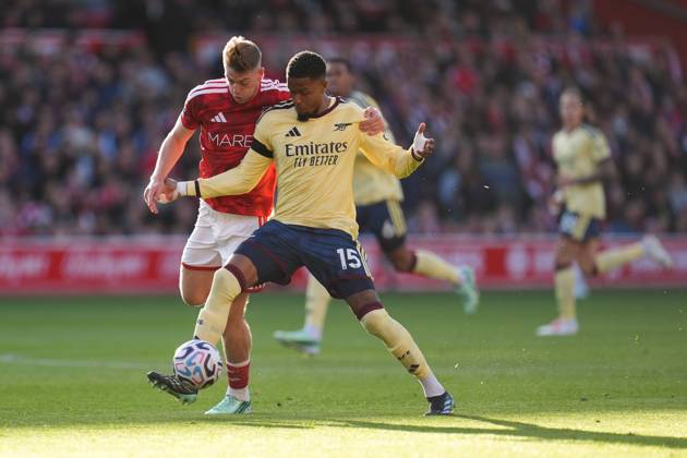 Ezri Konsa of Arsenal is fouled by Liam Delap of Nottingham Forest Nottingham Forest v Arsenal, Premier League, Football, The City Ground, Nottingham, UK - 18 Oct 2026Nottingham The City Ground United Kingdom EDITORIAL USE ONLY No use with unauthorised audio, video, data, fixture lists, club league logos or live services. Online in-match use limited to 120 images, no video emulation. No use in betting, games or single club league player publications.  Copyright: xWiredxPhotos Shutterstockx 17222726w