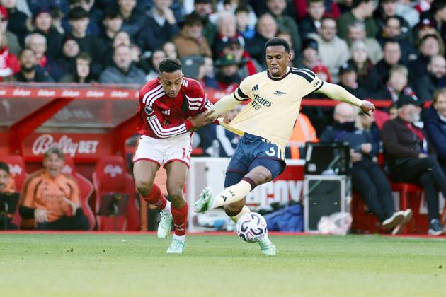 Gabriel of Arsenal and Dan Ndoye of Nottingham Forest Nottingham Forest v Arsenal, Premier League, Football, City Ground, Nottingham, UK - 18 Oct 2026Nottingham City Ground United Kingdom EDITORIAL USE ONLY No use with unauthorised audio, video, data, fixture lists, club league logos or live services. Online in-match use limited to 120 images, no video emulation. No use in betting, games or single club league player publications.  Copyright: xRYANxBROWNE Shutterstockx 17222838d