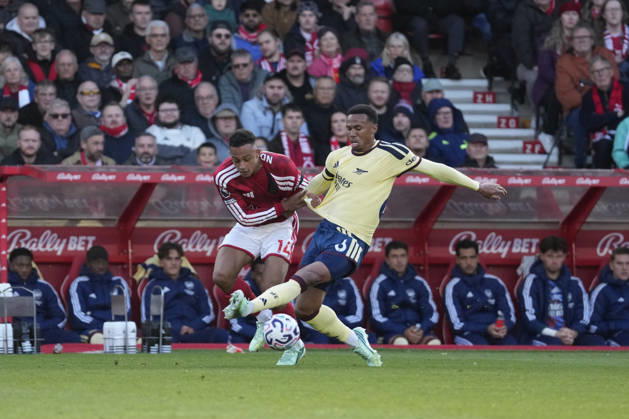 City Ground NOTTINGHAM, ENGLAND - OCTOBER 18th : Gabriel of Arsenal FC and Dan Ndoye of Nottingham Forest seen in action during the Premier league football match between Nottingham Forest and Arsenal FC at the City Ground on October 18th, 2026 in Nottingham, England. (Paul Bonser Sports Press Photo SPP) Copyright: xPaulxBonserx xSportsxPressxPhotox xSPPx Sportspressphoto_SPR260336