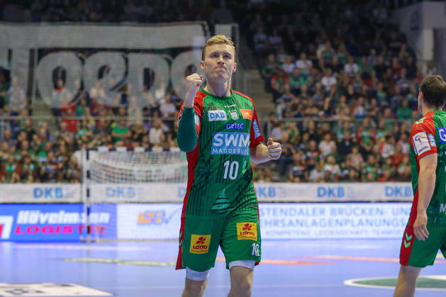 18.10.2026, xgox, Handball - Opel HBL SC Magdeburg - TVB Stuttgart emspor, v.l. Gisli Thorgeir Kristjansson (Magdeburg, 10) Jubel, Torjubel, jubelt ueber das Tor, celebrate the goal, celebration Magdeburg
