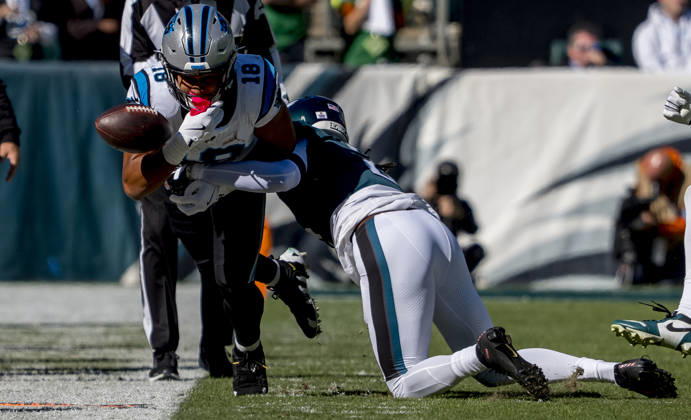 October 18, 2026, Philadelphia, Pa, USA: Oct 18, 2026; Philadelphia, PA, USA; Carolina Panthers wide receiver Jalen Coker (18) looks to turn the ball off the field for a first down during the NFL, American Football Herren, USA football matchup between the Carolina Panthers and Philadelphia Eagles at Lincoln Financial Field. The Panthers defeated the Eagles 25-14.Mandatory Credit: -Cal Media Philadelphia USA - ZUMAcs17 20261018_faf_cs17_041 Copyright: xScottxSeriox