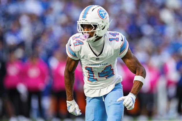 Oct 18, 2026; Indianapolis, IN, USA; Tennessee Titans wide receiver Carnell Tate (14) during NFL, American Football Herren, USA game action against the Indianapolis Colts at Lucas Oil Stadium. Mandatory Credit: -Cal Media NFL 2026: Titans Vs Colts OCT 18  - ZUMAc04_ 20261018_zma_c04_019 Copyright: xJohnxMersitsx