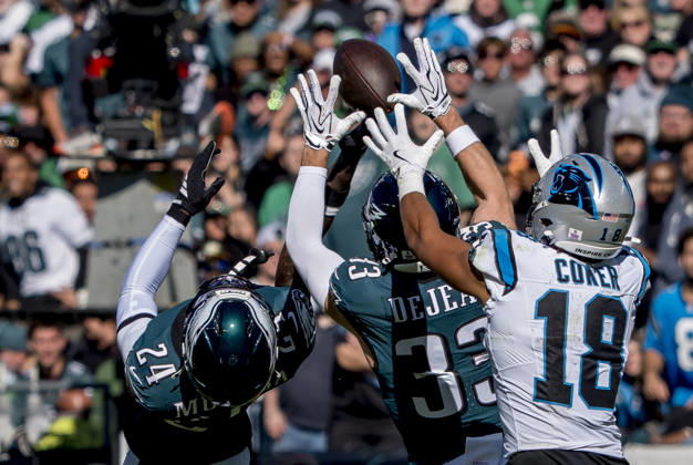 October 18, 2026, Philadelphia, Pa, USA: Oct 18, 2026; Philadelphia, PA, USA; Philadelphia Eagles safety Andrew Mukuba (24) and Philadelphia Eagles cornerback Cooper DeJean (33) go up to intercept the pass while Carolina Panthers wide receiver Jalen Coker (18) also tries to make a catch during the NFL, American Football Herren, USA football matchup between the Carolina Panthers and Philadelphia Eagles at Lincoln Financial Field. The Panthers defeated the Eagles 25-14.Mandatory Credit: -Cal Media Philadelphia USA - ZUMAcs17 20261018_faf_cs17_040 Copyright: xScottxSeriox
