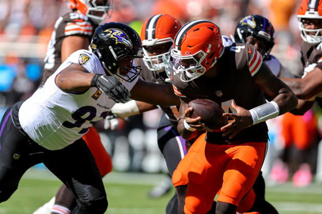 CLEVELAND, OH - OCTOBER 18: Baltimore Ravens defensive end Calais Campbell (93) sacks Cleveland Browns quarterback Deshaun Watson (4) during the first quarter of the National Football League game between the Baltimore Ravens and Cleveland Browns on October 18, 2026, at Huntington Bank Field in Cleveland, OH. (Photo by Frank Jansky Icon Sportswire) NFL, American Football Herren, USA OCT 18 Ravens at Browns EDITORIAL USE ONLY Icon261018041