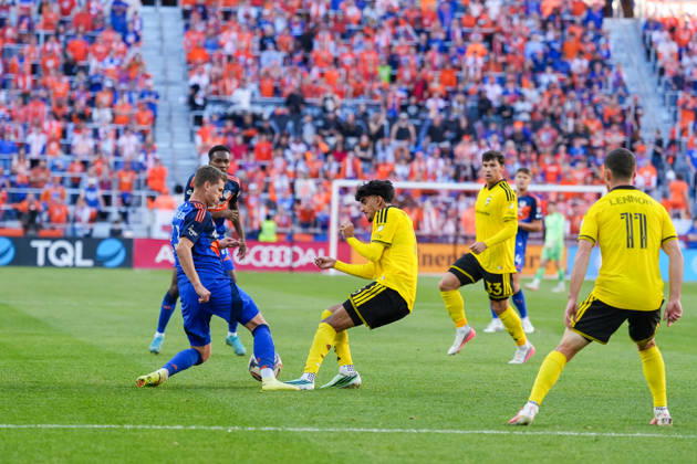 October 18, 2026, Cincinnati, Ohio, USA: Columbus Crew midfielder Taha Habroune (16) dives in on FC Cincinnati midfielder David DoudÄºra (23) attempting to win the ball but commits a foul during an MLS, Fussball Herren, USA game at TQL Stadium Cincinnati USA - ZUMAt168 20261018_zsp_t168_022 Copyright: xTrentxPattersonx