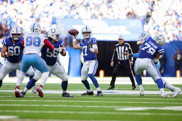 Oct 18, 2026; Indianapolis, IN, USA; Indianapolis Colts quarterback Daniel Jones (17) passes the ball during NFL, American Football Herren, USA game action against the Tennessee Titans at Lucas Oil Stadium. Mandatory Credit: -Cal Media NFL 2026: Titans Vs Colts OCT 18  - ZUMAc04_ 20261018_zma_c04_314 Copyright: xJohnxMersitsx