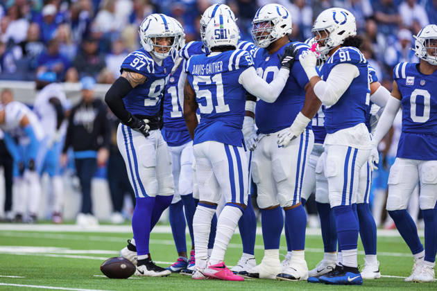 NFL, American Football Herren, USA 2026: Titans Vs Colts OCT 18 Oct 18, 2026; Indianapolis, IN, USA; Indianapolis Colts defense huddles during NFL game action against the Tennessee Titans at Lucas Oil Stadium. Mandatory Credit: John Mersits-Cal Media (Credit Image: Â John Mersits Cal Sport Media) Indianapolis In USA EDITORIAL USE ONLY Copyright: xx ZUMA-20261018_zma_c04_305.jpg JohnxMersitsx csmphotothree536043