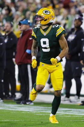 GREEN BAY, WI - OCTOBER 18: Green Bay Packers wide receiver Christian Watson (9) looks back for a ball during a game between the Green Bay Packers and the Dallas Cowboys on October 18, 2026 at Lambeau Field in Green Bay, WI. (Photo by Larry Radloff Icon Sportswire) NFL, American Football Herren, USA OCT 18 Cowboys at Packers EDITORIAL USE ONLY Icon2610181526