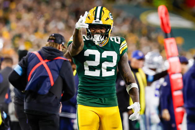 Oct 18, 2026; Green Bay, WI, USA; Green Bay Packers running back Pierre Strong Jr. (22) celebrates after making a first down during the NFL, American Football Herren, USA game against the Dallas Cowboys at Lambeau Field. Mandatory Credit: -Cal Media. NFL 2026: Cowboys Vs Packers OCT 18  - ZUMAc04_ 20261018_zma_c04_416 Copyright: xDarrenxLeex