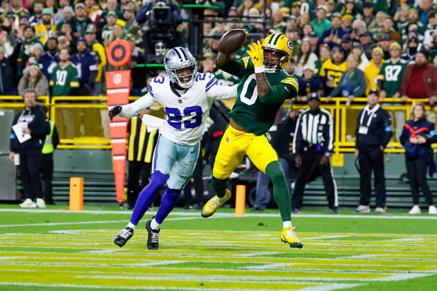 Oct 18, 2026; Green Bay, WI, USA; Green Bay Packers wide receiver Matthew Golden (0) catches a 9 yard touchdown pass during the NFL, American Football Herren, USA game against the Dallas Cowboys at Lambeau Field. Mandatory Credit: -Cal Media. NFL 2026: Cowboys Vs Packers OCT 18  - ZUMAc04_ 20261018_zma_c04_494 Copyright: xDarrenxLeex