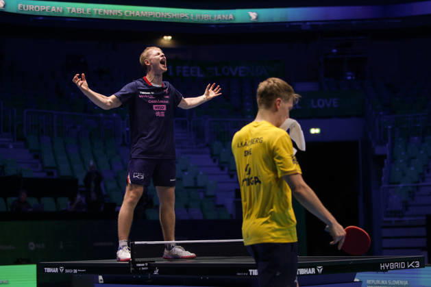 (261019) -- LJUBLJANA, Oct. 19, 2026 -- Felix Lebrun of France celebrates after winning the men s singles final of the European Table tennis, Tischtennis Championships against Anton Kallberg of Sweden at Stozice Sports Hall in Ljubljana, Slovenia, Oct. 18, 2026. (Photo by Xinhua) (SP)SLOVENIA-LJUBLJANA-TABLE TENNIS-EUROPEAN CHAMPIONSHIPS-MEN S SINGLES FINAL ZeljkoxStevanic 