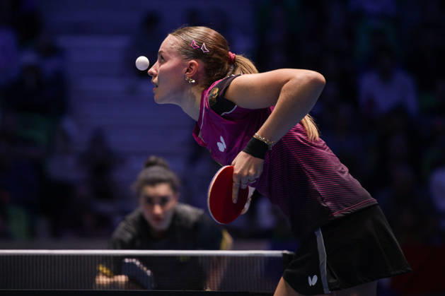 (261019) -- LJUBLJANA, Oct. 19, 2026 -- Annett Kaufmann of Germany serves during the women s singles final of the European Table tennis, Tischtennis Championships against Elizabet Abraamian of Russia at Stozice Sports Hall in Ljubljana, Slovenia, Oct. 18, 2026. (Photo by Xinhua) (SP)SLOVENIA-LJUBLJANA-TABLE TENNIS-EUROPEAN CHAMPIONSHIPS-WOMEN S SINGLES FINAL ZeljkoxStevanic 