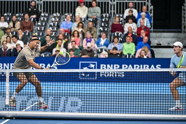Bart Stevens of The Netherlands, Sadio Doumba of France pictured in action during the European Open ATP, Tennis Herren tennis tournament in Brussels, on 19 October. This year s edition of the tournament is taking place from 17 to 25 October DAVIDxPINTENS  x190297896x