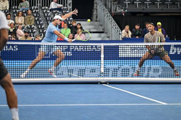 Bart Stevens of The Nederlands, Sadio Doumbia of France pictured in action during the European Open ATP, Tennis Herren tennis tournament in Brussels, on 19 October. This year s edition of the tournament is taking place from 17 to 25 October DAVIDxPINTENS  x190303581x