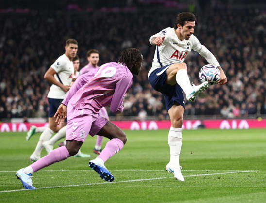 London, England, 19th October 2026. Sidiki Cherif of Coventry City tussles with Sandro Tonali of Tottenham during the Tottenham Hotspur vs Coventry City Premier League match at the Tottenham Hotspur Stadium, London. Picture credit should read: David Klein Sportimage EDITORIAL USE ONLY. No use with unauthorised audio, video, data, fixture lists, club league logos or live services. Online in-match use limited to 120 images, no video emulation. No use in betting, games or single club league player publications. SPI_020_DK_Spurs_Cov SPI-5085-0022